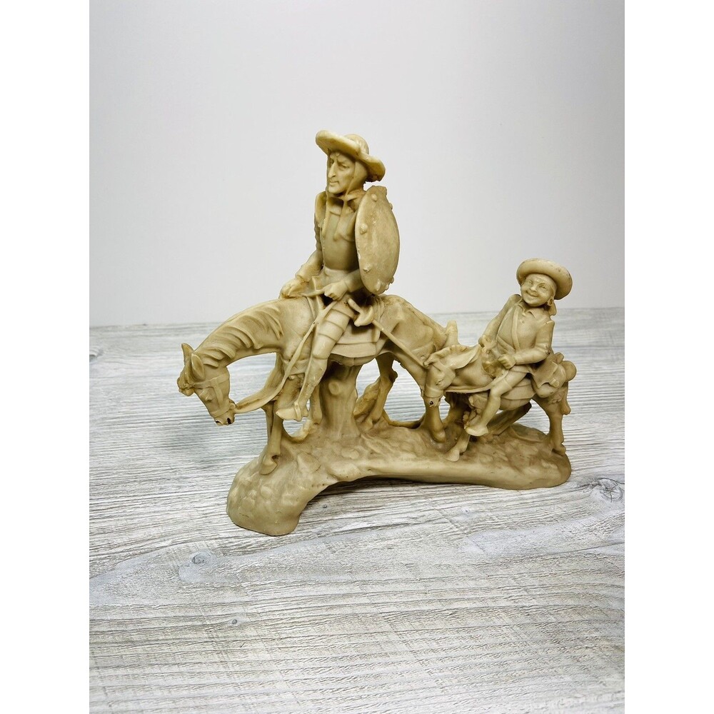 A. SANTINI Don Quixote Sancho Panza  Alabaster Resin Horse Statue From ITALY